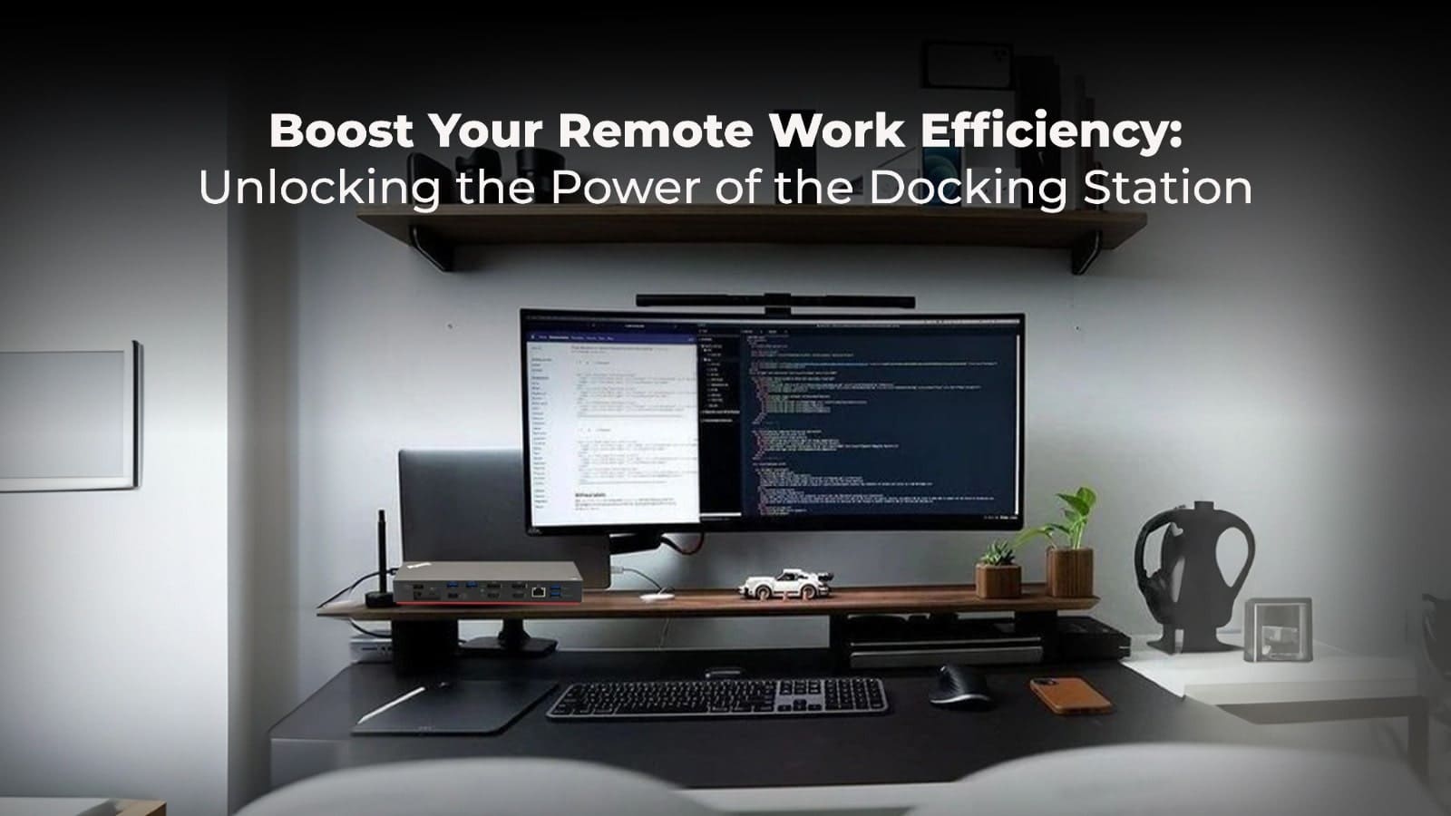 Boost Remote Efficiency: Docking Station Power Unleashed" - Alt text: A modern docking station amidst tech gear, symbolizing enhanced productivity for remote work